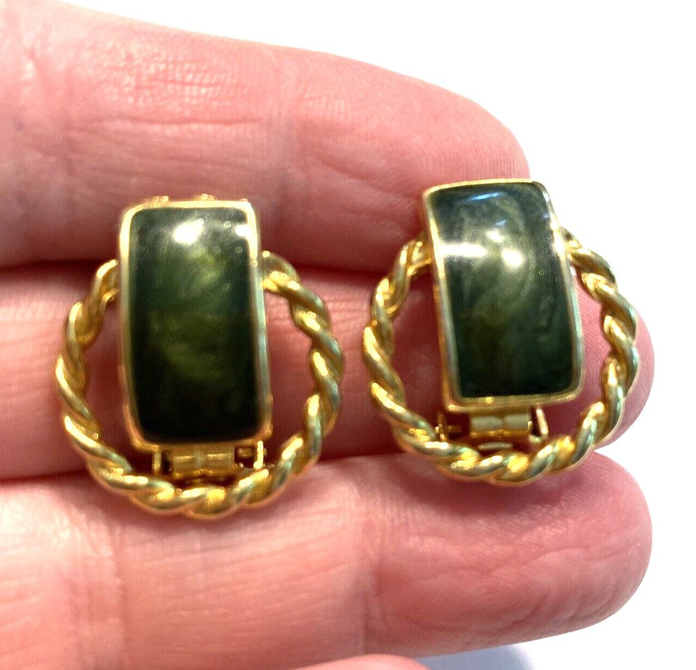 Vintage Clip On Earrings Gold Rope Textured & Green Swirl Enamel Finish 1980’s